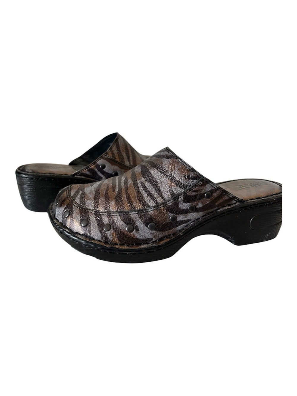 Born Wedge Metallic Brown Zebra Print Leather Clog Mules 9 (40.5)